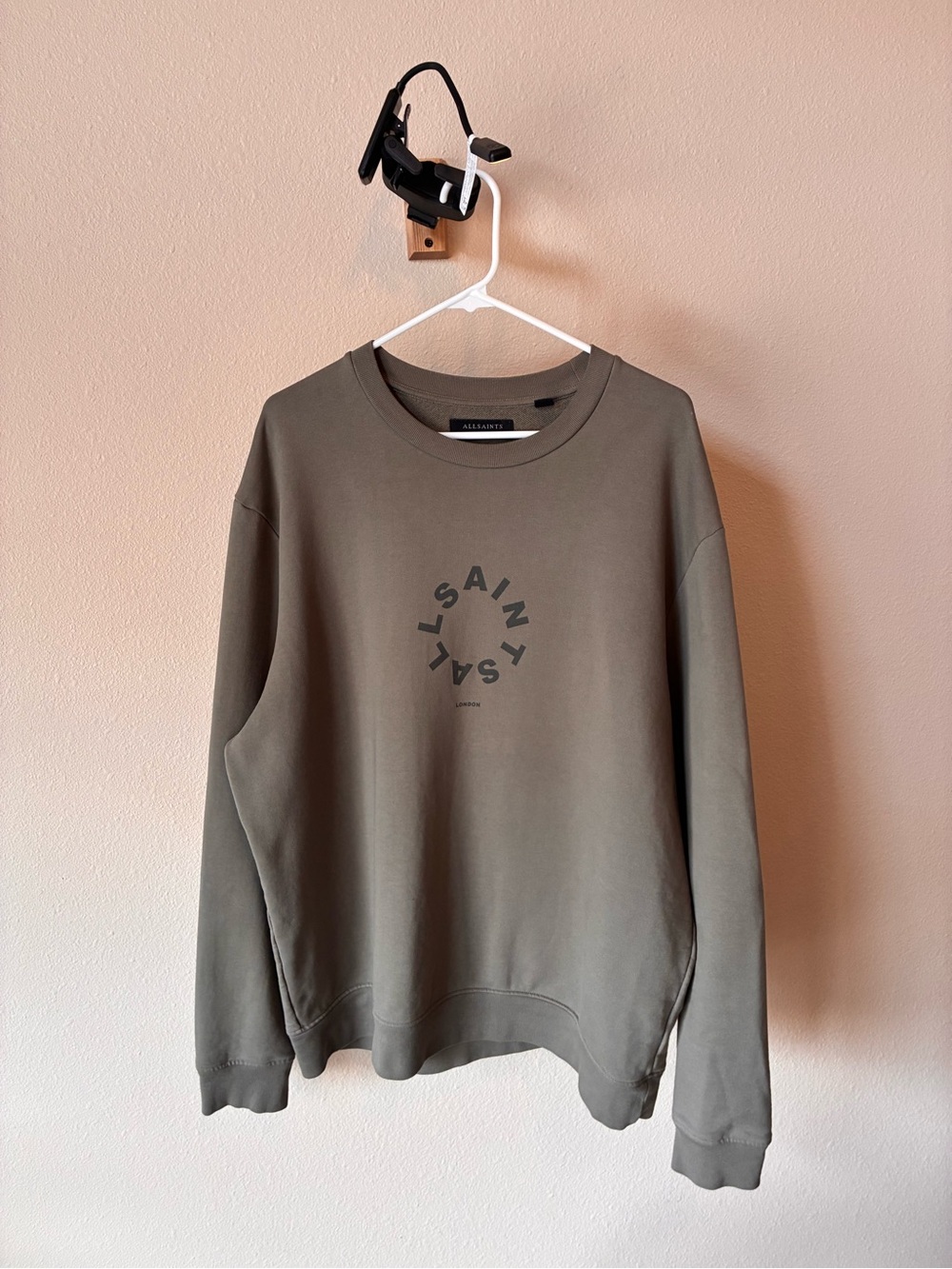 AllSaints Olive Green Crewneck Sweatshirt with Circular Logo - Picture 1 of 3